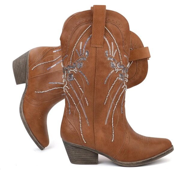 Women's Brown Mid Calf Western Pointed Toe Embroidered Chunky Heel Cowgirl Boots - Picture 6 of 6